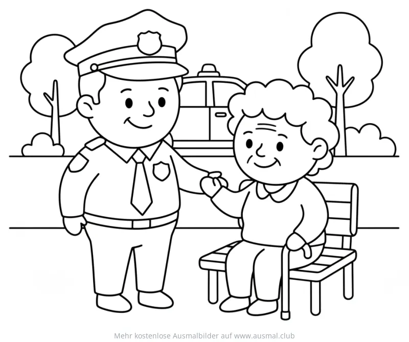 Polizist hilft Seniorin auf Parkbank Ausmalbild