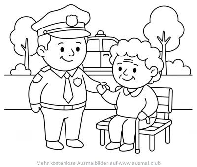 Polizist hilft Seniorin auf Parkbank Ausmalbild