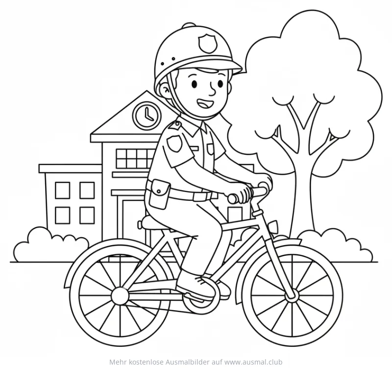 Polizist auf Fahrrad vor Gebäude Ausmalbild