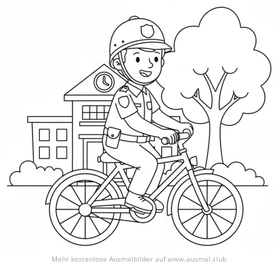 Polizist auf Fahrrad vor Gebäude Ausmalbild
