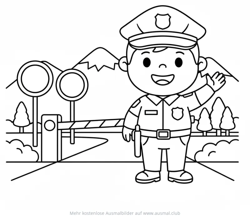 Freundlicher Polizist winkt vor einer Grenzkontrolle Ausmalbild