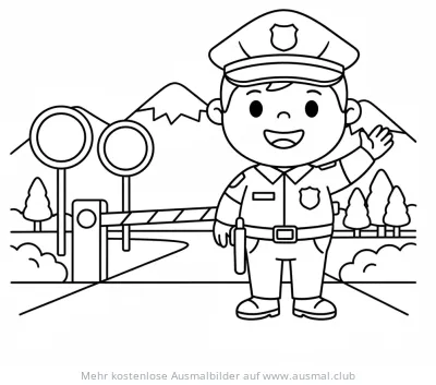 Freundlicher Polizist winkt vor einer Grenzkontrolle Ausmalbild