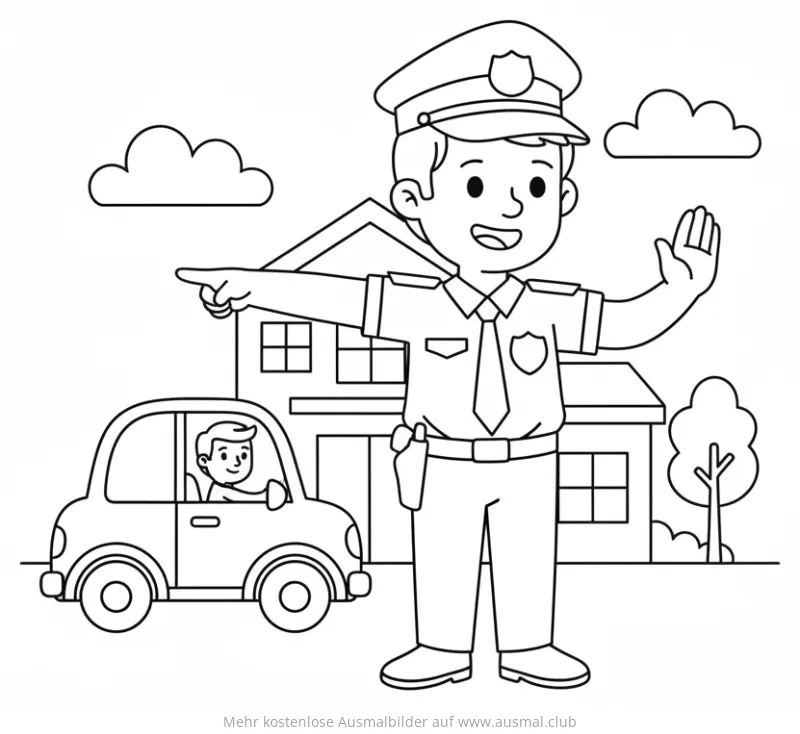 Polizist gibt Wegbeschreibung Ausmalbild mit Auto