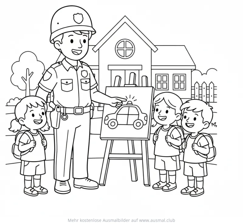 Polizist erklärt Schulkindern Polizeiauto auf Staffelei Ausmalbild