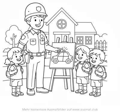 Polizist erklärt Schulkindern Polizeiauto auf Staffelei Ausmalbild