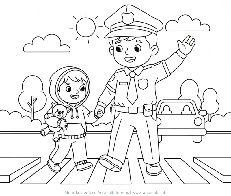 Polizist hilft Kind mit Teddy über Zebrastreifen Ausmalbild