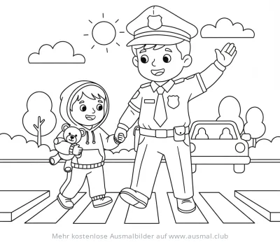 Polizist hilft Kind mit Teddy über Zebrastreifen Ausmalbild