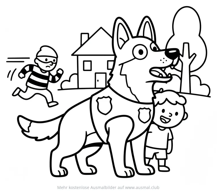 Polizeihund beschützt Jungen vor Dieb Ausmalbild