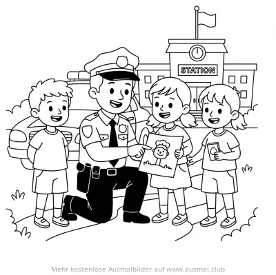 Polizist mit Kindern vor der Polizeistation Ausmalbild