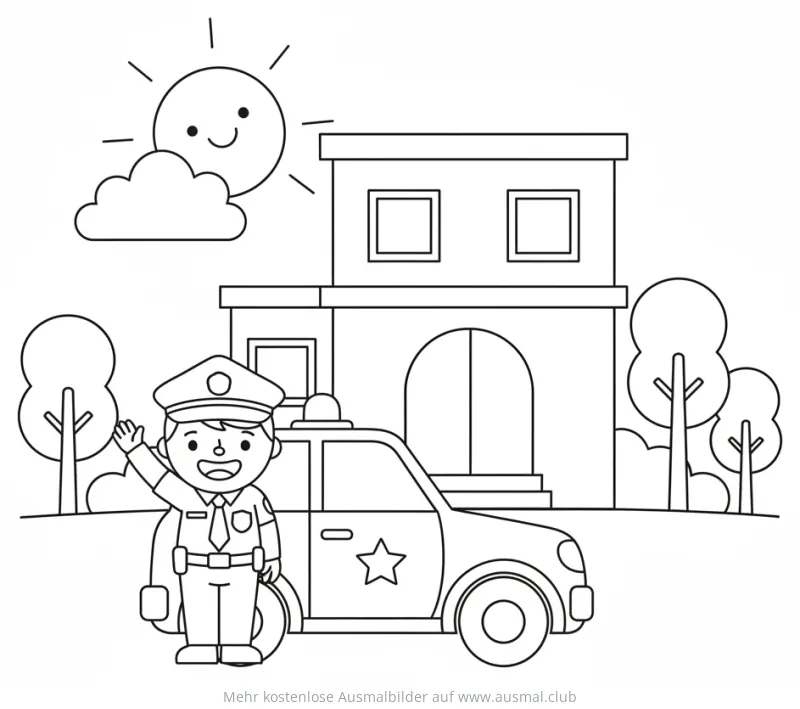 Polizeistreife Ausmalbild mit Polizist, Streifenwagen und Gebäude