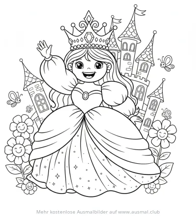 Winkende Prinzessin mit Schloss und Blumen Ausmalbild