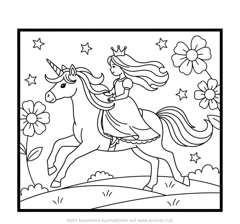 Prinzessin reitet auf Einhorn Ausmalbild