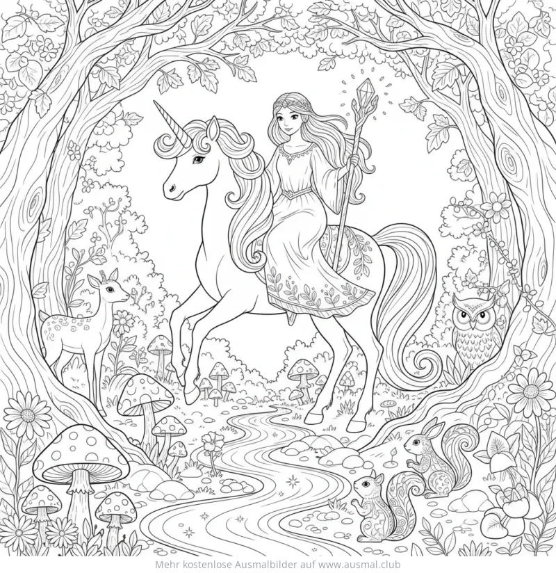 Prinzessin reitet auf Einhorn im Wald Ausmalbild