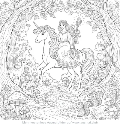 Prinzessin reitet auf Einhorn im Wald Ausmalbild