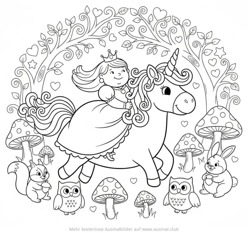 Prinzessin reitet auf Einhorn im Wald Ausmalbild