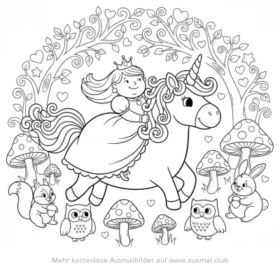 Prinzessin reitet auf Einhorn im Wald Ausmalbild