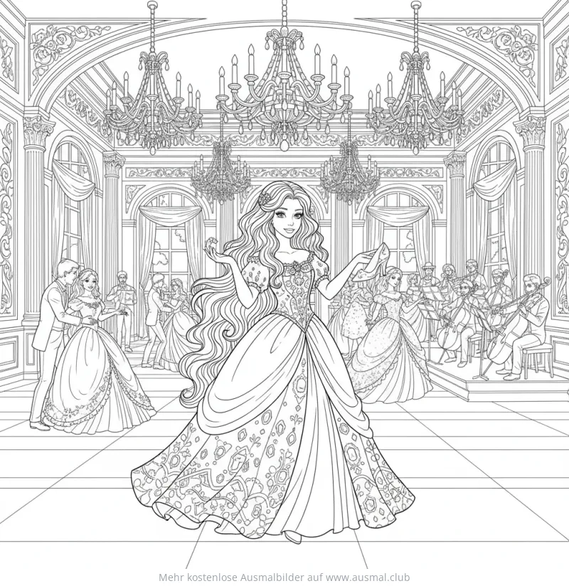 Prinzessin im Ballsaal mit Orchester Ausmalbild