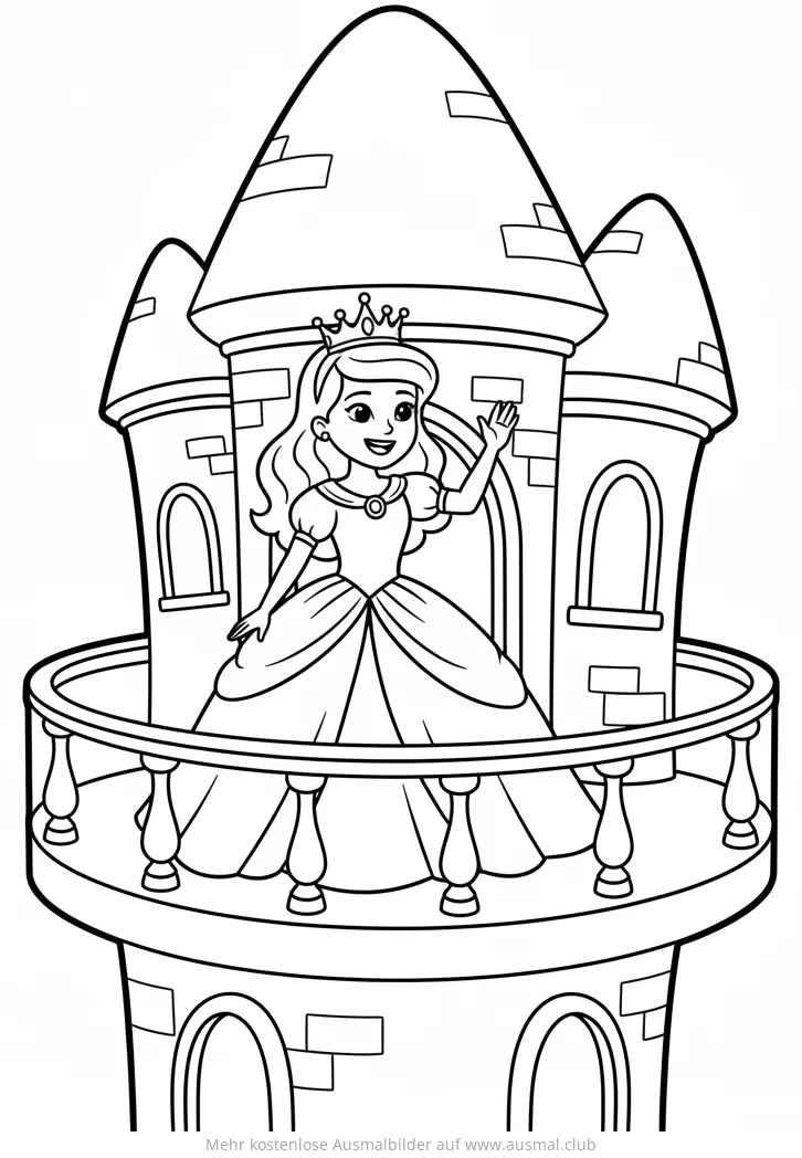 Prinzessin winkt vom Balkon ihres Schlosses Ausmalbild