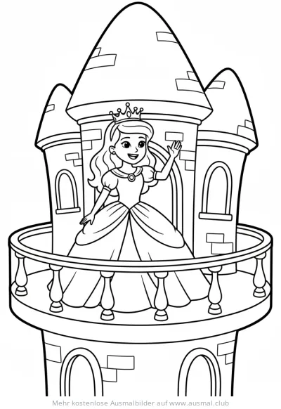 Prinzessin winkt vom Balkon ihres Schlosses Ausmalbild