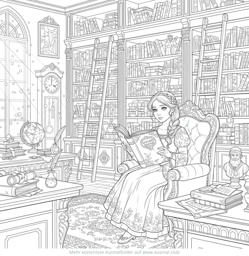 Prinzessin liest in Bibliothek Ausmalbild
