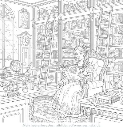 Prinzessin liest in Bibliothek Ausmalbild