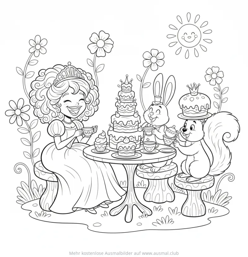 Prinzessin mit Hase und Eichhörnchen bei Teeparty Ausmalbild