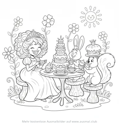 Prinzessin mit Hase und Eichhörnchen bei Teeparty Ausmalbild