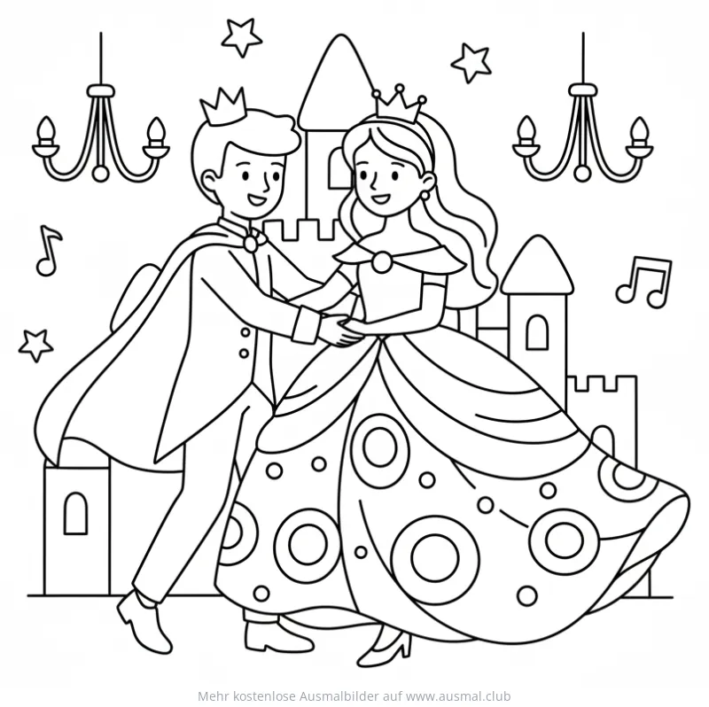 Tanzendes Prinzenpaar vor Schloss Ausmalbild