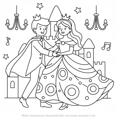 Tanzendes Prinzenpaar vor Schloss Ausmalbild