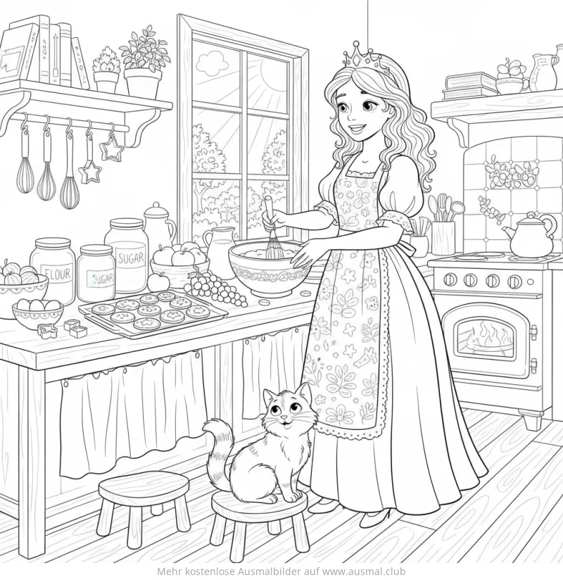 Prinzessin beim Backen in der Küche mit Katze Ausmalbild