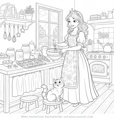Prinzessin beim Backen in der Küche mit Katze Ausmalbild