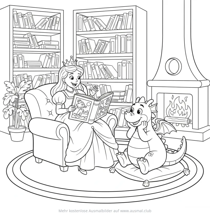 Prinzessin liest Drachen aus einem Buch vor Ausmalbild