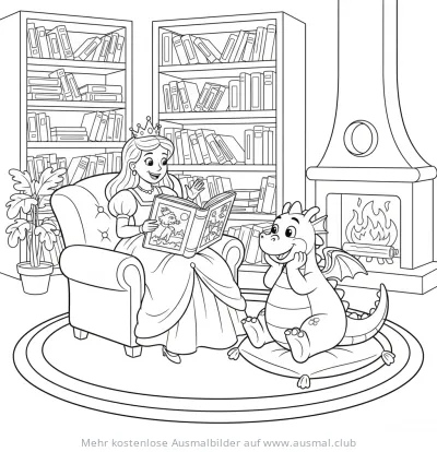 Prinzessin liest Drachen aus einem Buch vor Ausmalbild