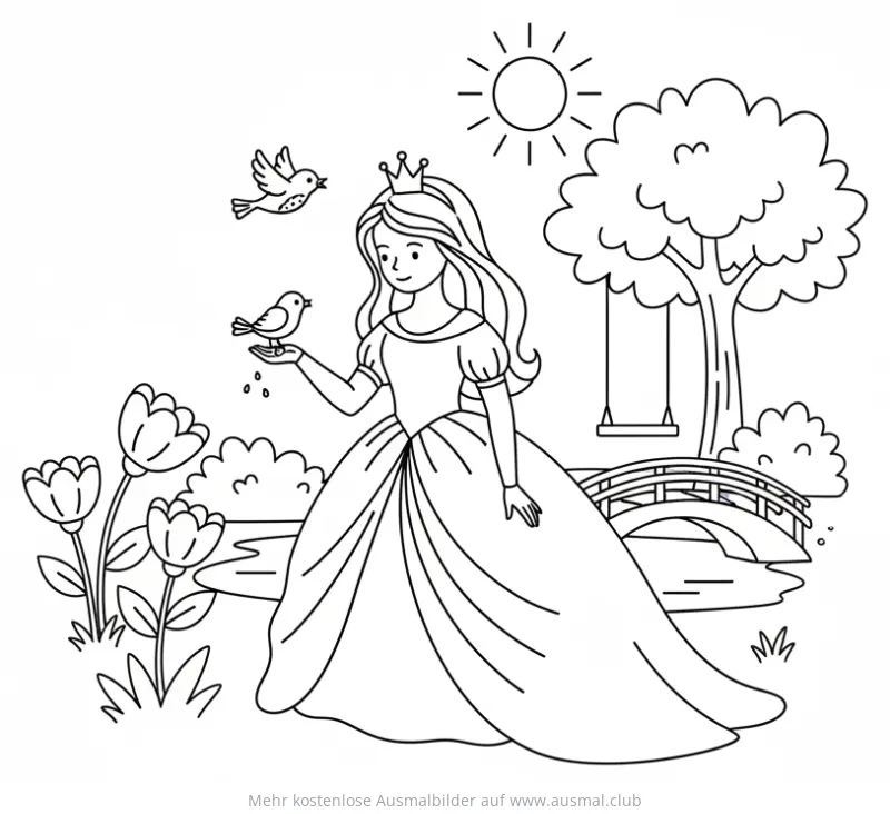 Prinzessin mit Krone und Vögeln im Garten Ausmalbild