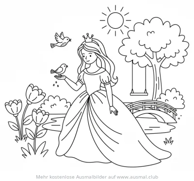 Prinzessin mit Krone und Vögeln im Garten Ausmalbild