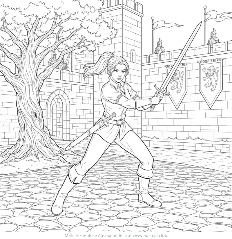 Kriegerin mit Schwert vor Burg Ausmalbild