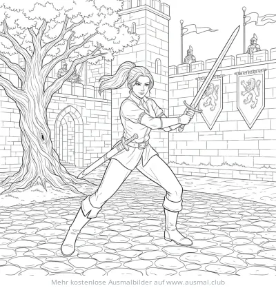 Kriegerin mit Schwert vor Burg Ausmalbild