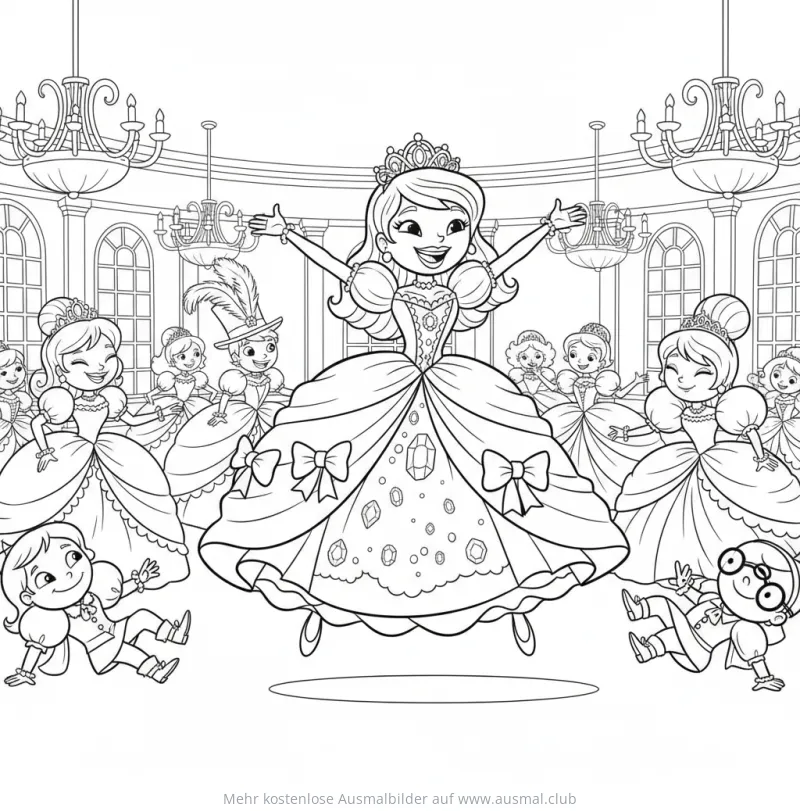 Prinzessin mit Ballkleid im Ballsaal Ausmalbild