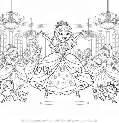 Prinzessin mit Ballkleid im Ballsaal Ausmalbild