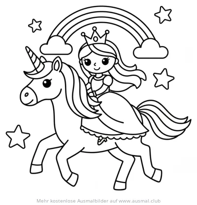 Prinzessin mit Krone reitet auf Einhorn Ausmalbild