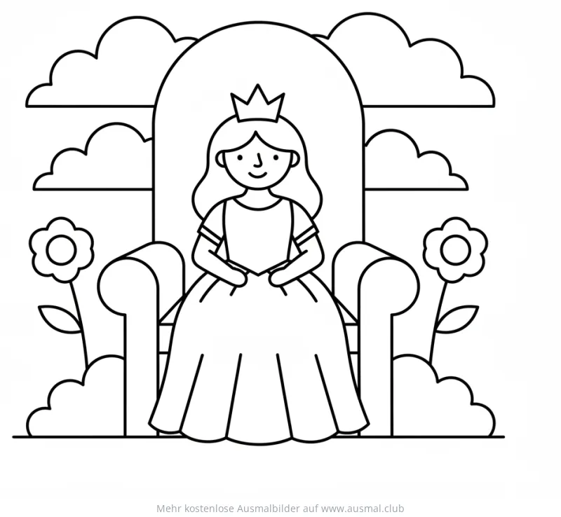 Prinzessin mit Krone auf Thron umgeben von Blumen und Wolken Ausmalbild