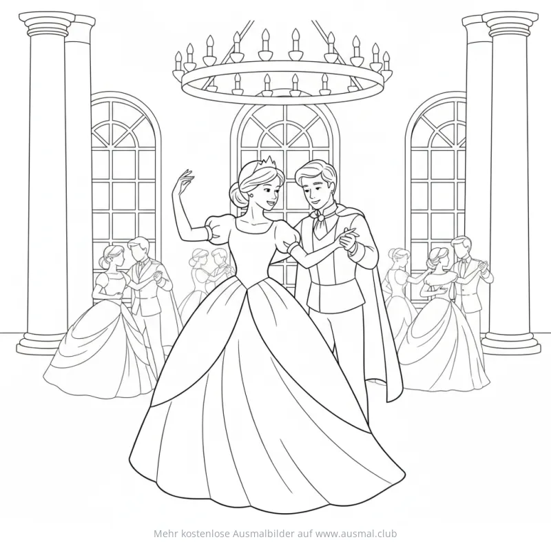 Prinzessin und Prinz tanzen auf einem Ball Ausmalbild