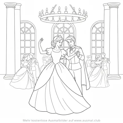 Prinzessin und Prinz tanzen auf einem Ball Ausmalbild