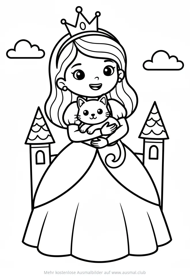 Prinzessin hält Katze im Arm Ausmalbild