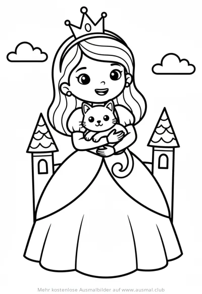 Prinzessin hält Katze im Arm Ausmalbild