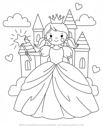Prinzessin mit Zauberstab vor Schloss Ausmalbild