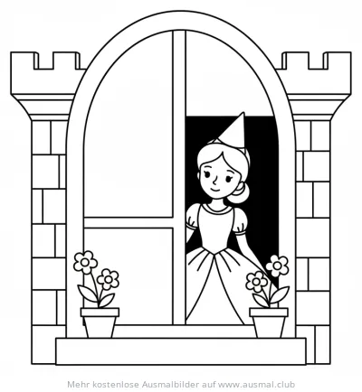 Prinzessin im Turmfenster Ausmalbild
