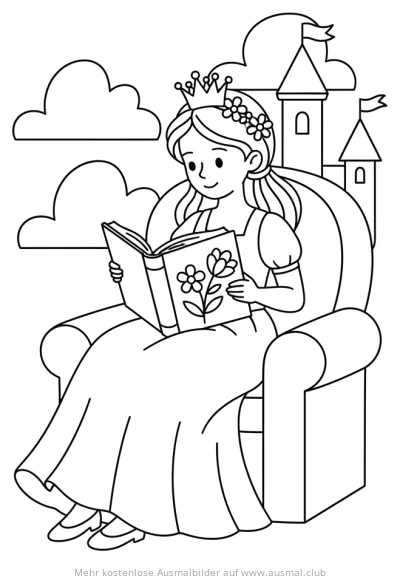 Prinzessin liest ein Buch im Sessel Ausmalbild