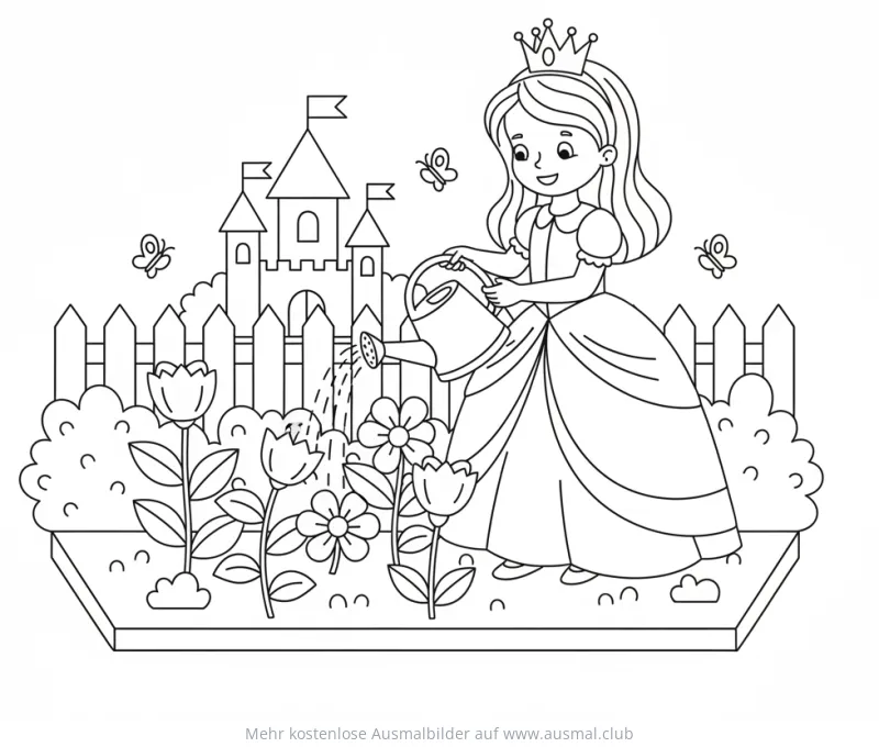 Prinzessin gießt Blumen im Garten vor einem Schloss Ausmalbild