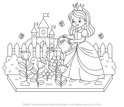 Prinzessin gießt Blumen im Garten vor einem Schloss Ausmalbild